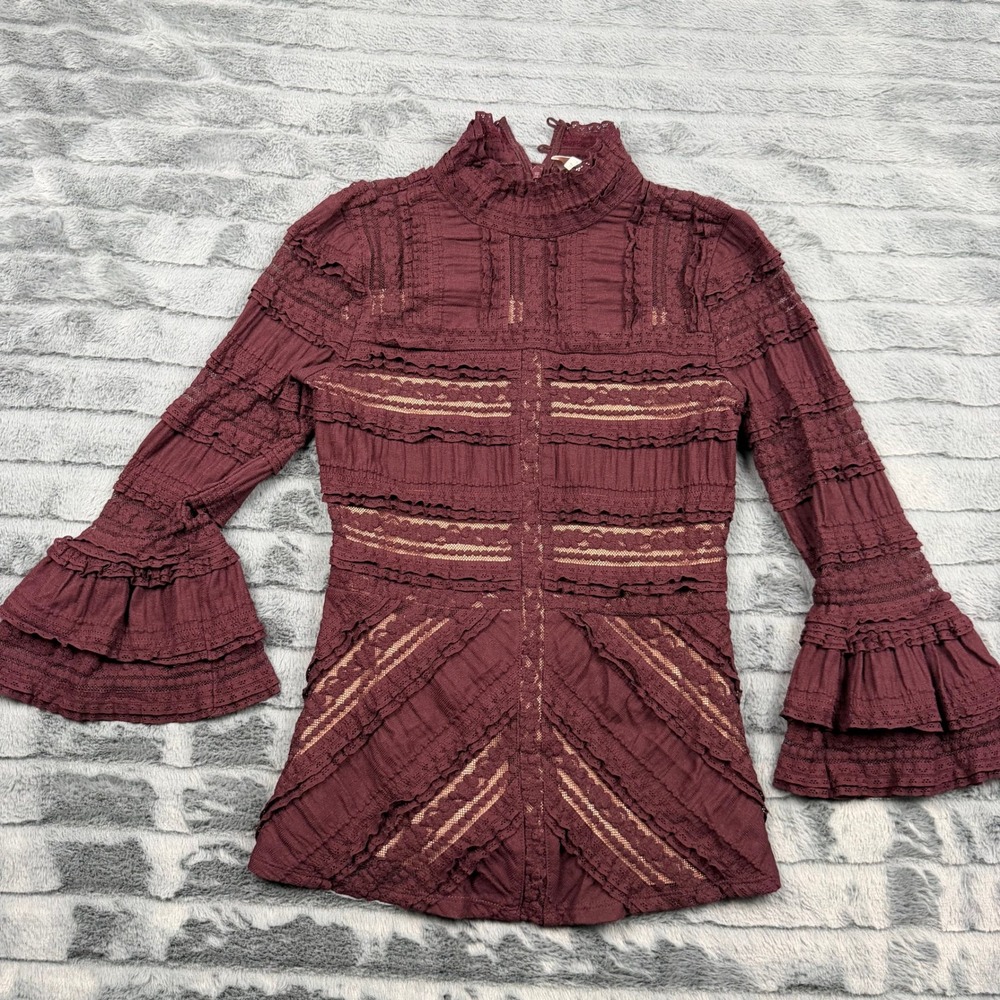 Cinq a Sept Burgundy Lace Mock Neck Tiered Bell Sleeve Blouse Top Small
